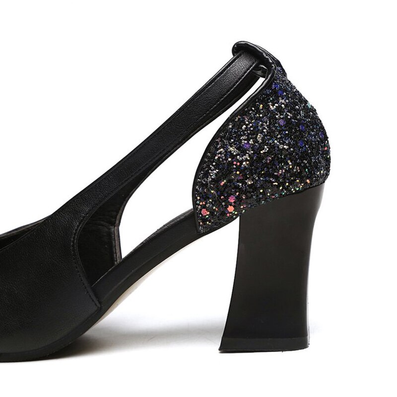 Kvinde spring open toe pu læder chunky hæle pumps kvinde bling slip on single sko kvindelige pailletter dame sko