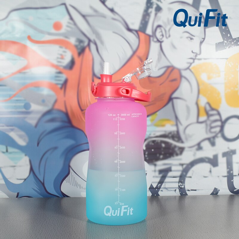 QuiFit water bottle 3.8L bouncing lid gallon water bottle cuptime stamp trigger no BPA, sports phone holder fitness water bottle