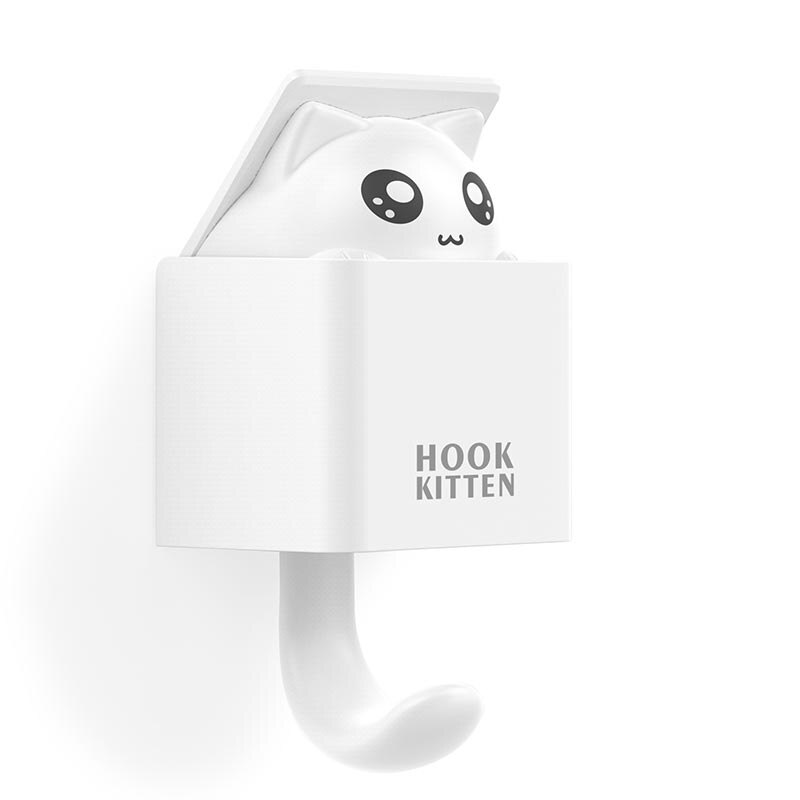 Verborgen kat wandhanger haak decoratie voor kleding hoed sjaal sleutel dieren hanger rek wanddecoratie gratis ponsen: Wit