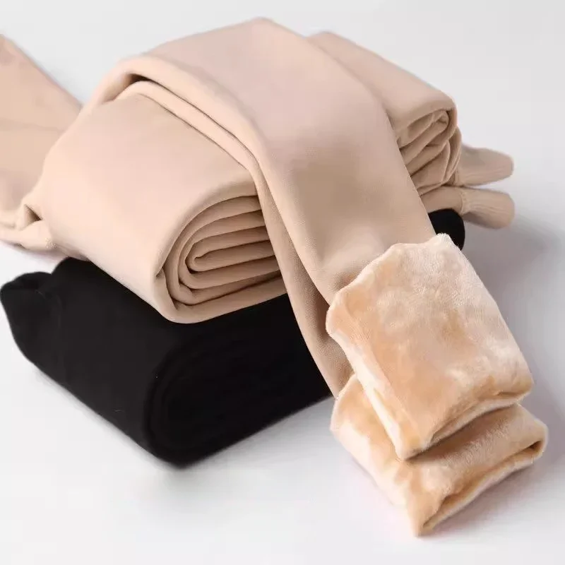 Mallas gruesas de invierno para mujer, pantimedias cálidas de terciopelo de Color sólido de cintura alta para mujer, pantimedias de terciopelo grueso, medias elásticas negras
