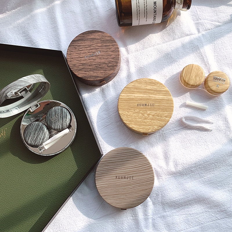 Natural series Round contact lens case with mirror storage box Lens container Imitation wood grainEye contacts case