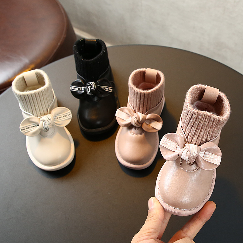 Autumn and Winter Girls Casual Short Boots Knitted Princess Socks Boots Soft Bottom Leather Shoes Children's Shoes