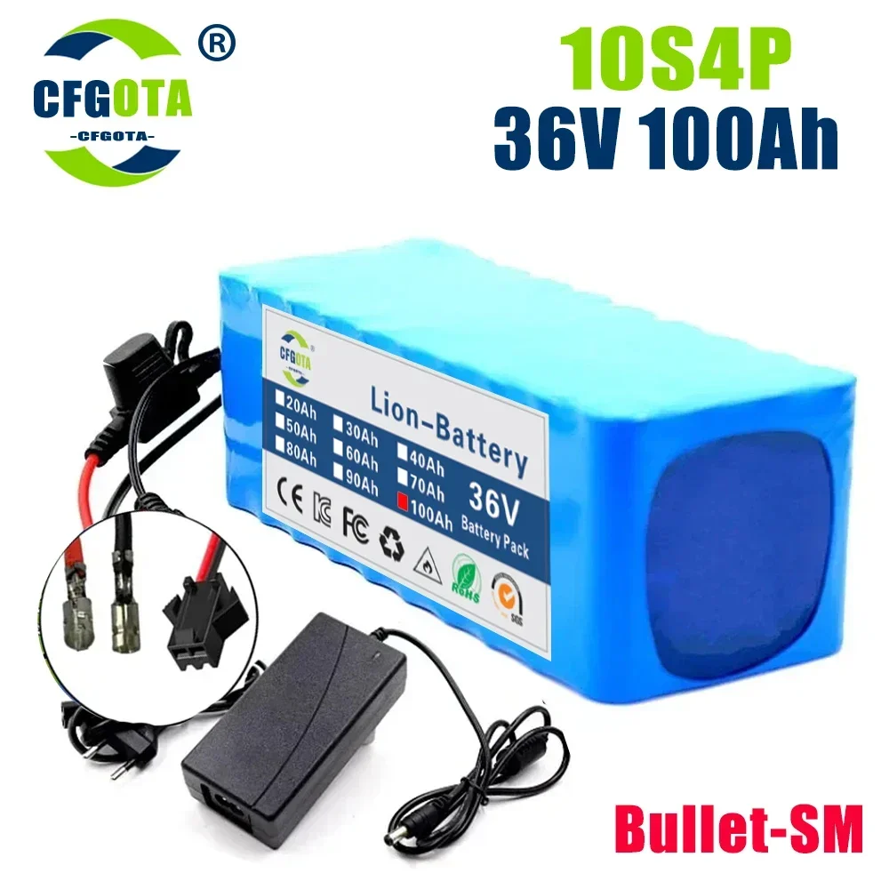 36V Battery 10S4P 100Ah Battery Pack 1000W High Power Battery Ebike Electric Bike Wiht BMS/30A Fuse + 42V 2A Charger: GRAY