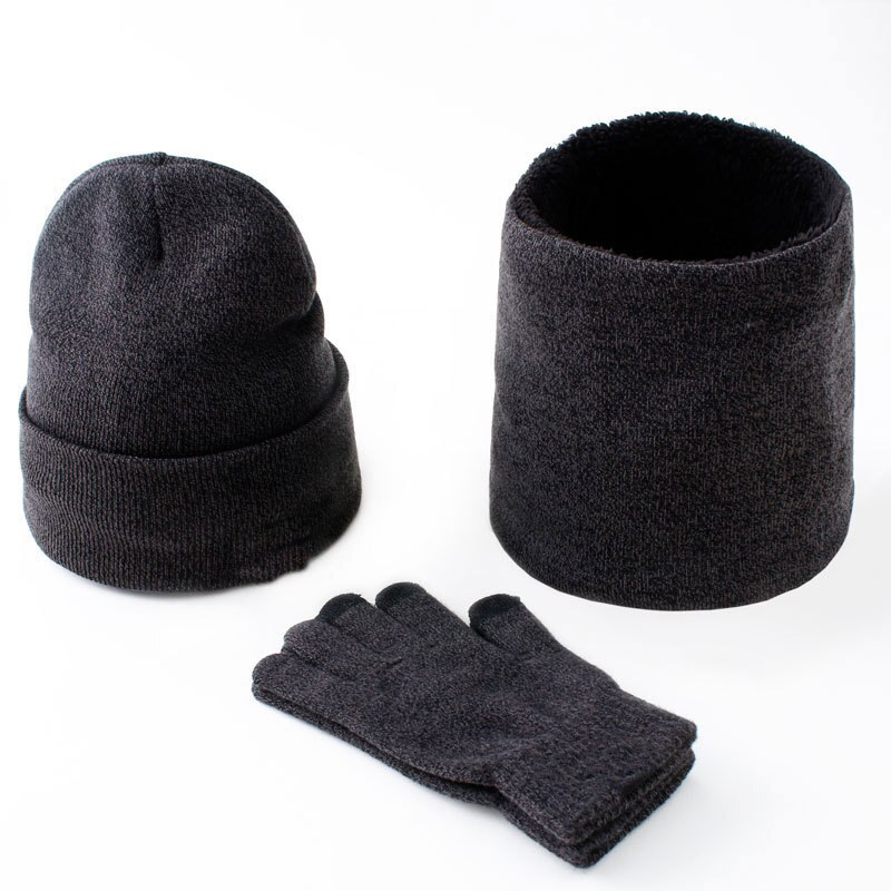 3 st/set mössor halsdukshandskar par vinter vindtäta tjocka halsdukar kit stickad plus sammetsmössa scarfset för män: Mörkgrå