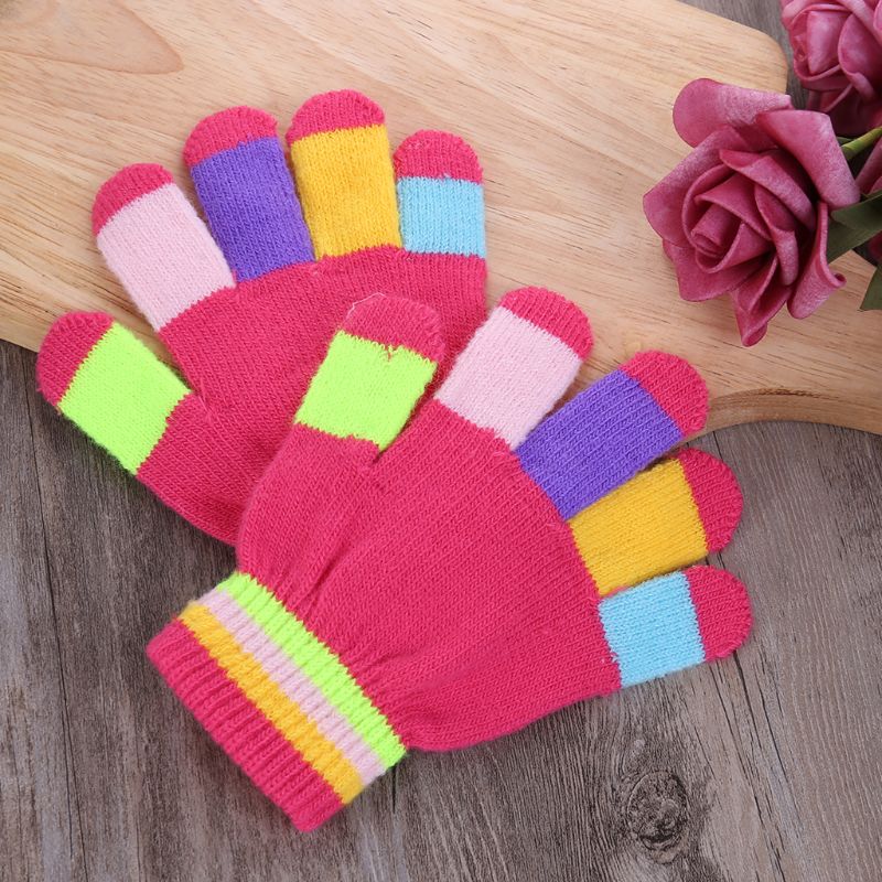 1 Pair Kids Gloves Full Finger Warm Winter Children Colorful Stripe Knitted Boys Girls Solid Glove Multi Color Elastic