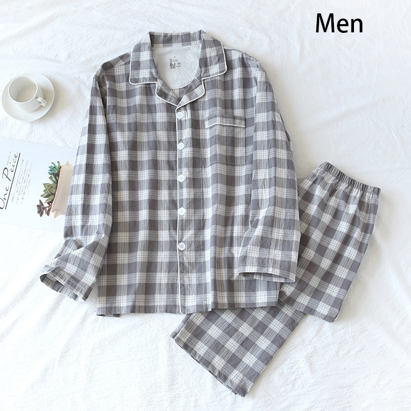 Conjunto de 2 unids/set de pijamas para hombre y mujer, pantalones y Tops finos de manga larga, traje de Pijama largo a cuadros, ropa de dormir para pareja, primavera, verano y otoño: D / XL