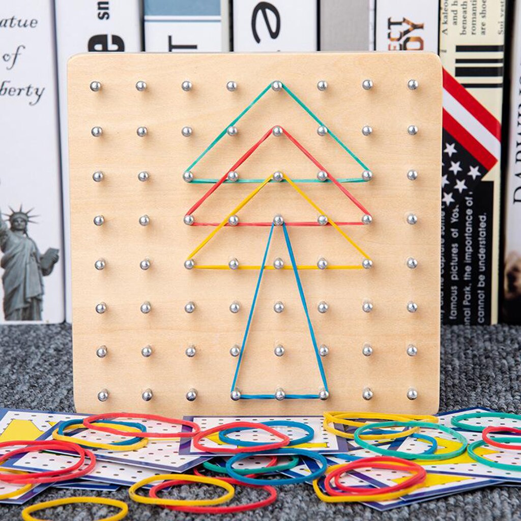 Geoboard with 20 Pieces Pattern Wooden Cards And Rubber Strips Shape