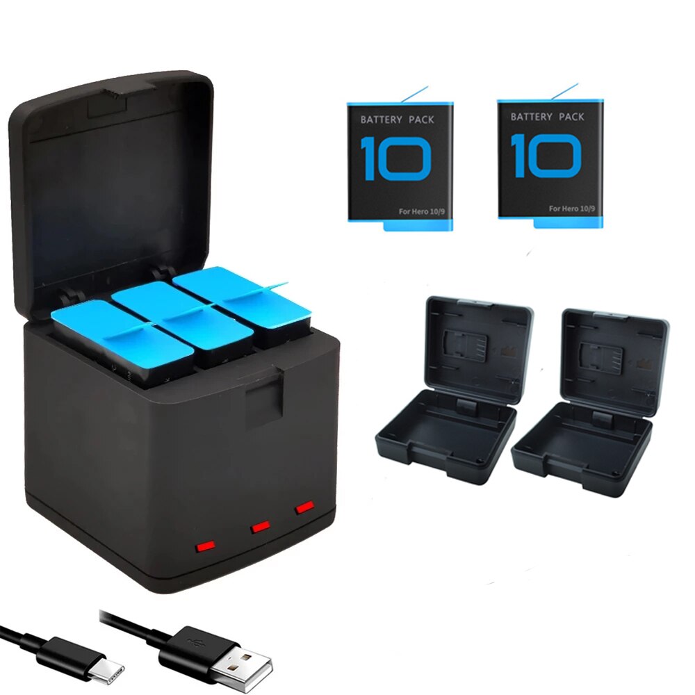 Baterías de iones de litio de 1720mAh para GoPro Hero 10 9, cargador de batería, caja Go Pro Hero9, accesorio de cámara de almacenamiento de AHDBT-901 negro