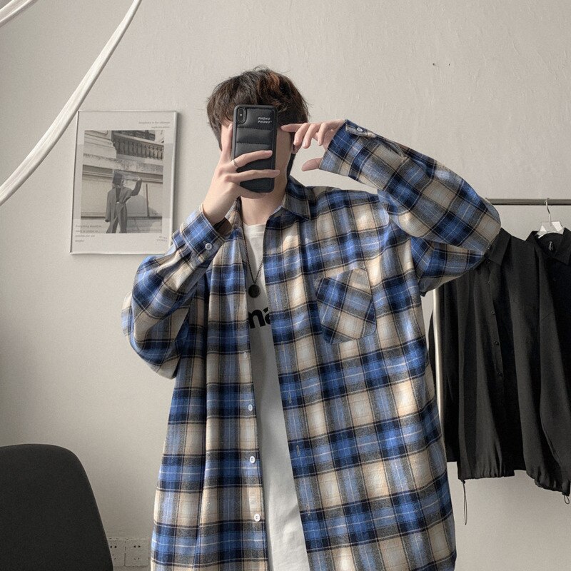Lente En Herfst Plaid Shirt Mannen Retro Casual Shirt Mannen Streetwear Koreaanse Losse Lange Mouwen Shirts Heren m-XL