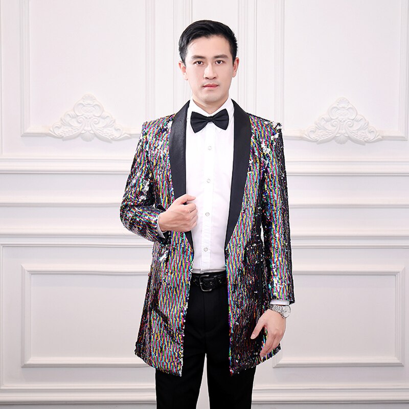 Men's Casual Jacket Trendy Long Colorful Sequins Color-changing Buttonless Shawl Collar Windbreaker Club Party Clothing: L