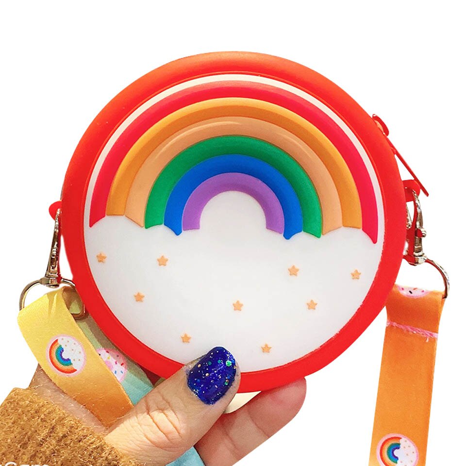 Silicone arco-íris redondo crossbody moeda saco criança menina crianças bolsa de ombro alça ajustável férias viagem bolso pacote: 12