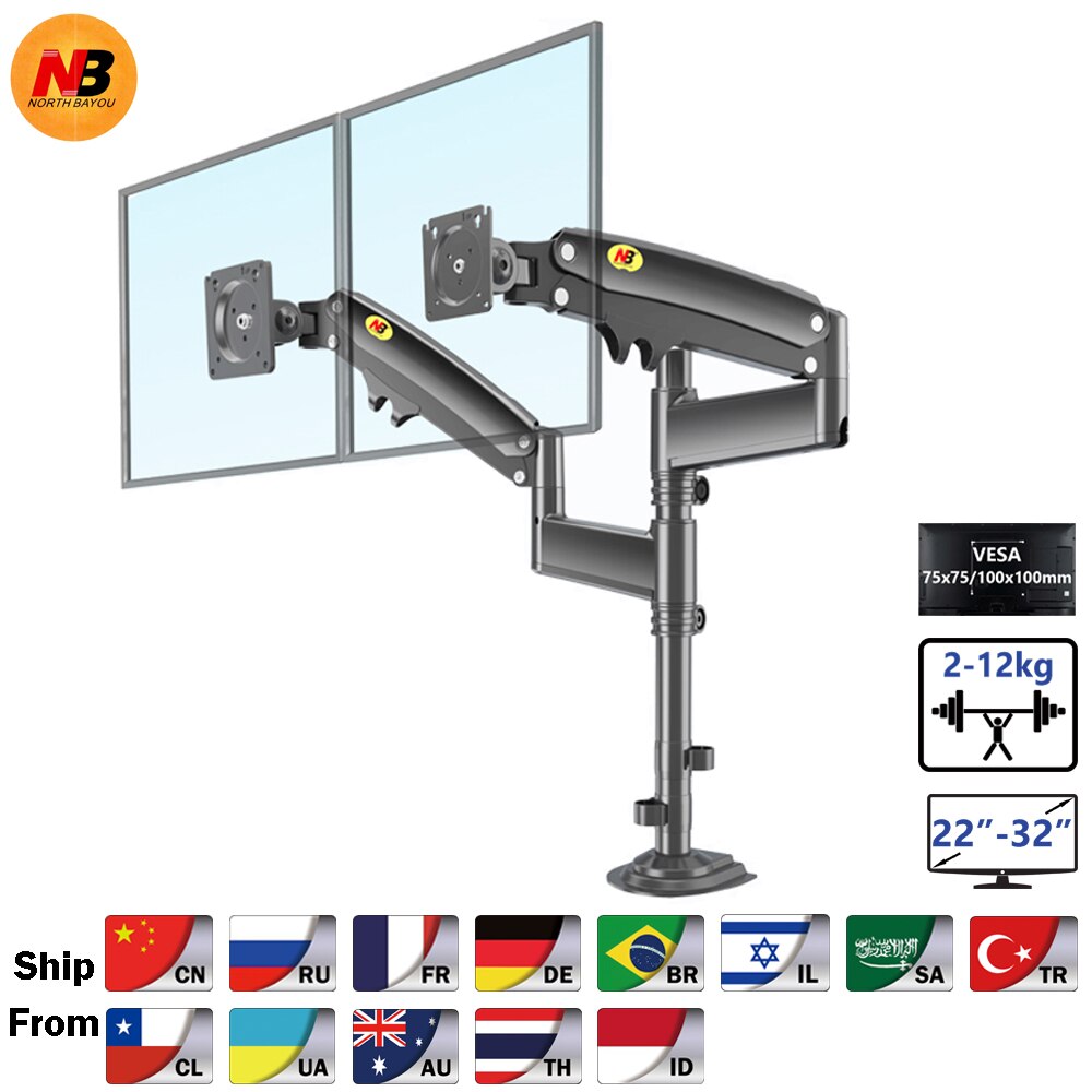Nb  h180 22 &quot; -32 "kaksoisnäytön pöytätelineen varsi kaasujousi täysliike lcd-televisioteline 2-12kg ergonominen kaksivartinen kiinnike