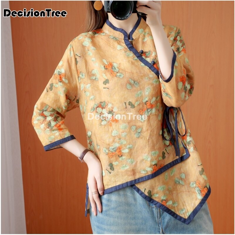 Camisa tradicional china de algodón para mujer, tops de estilo chino, ropa de té folclórica retro, blusas con estampado de flores, Blusa de gasa diaria 2022