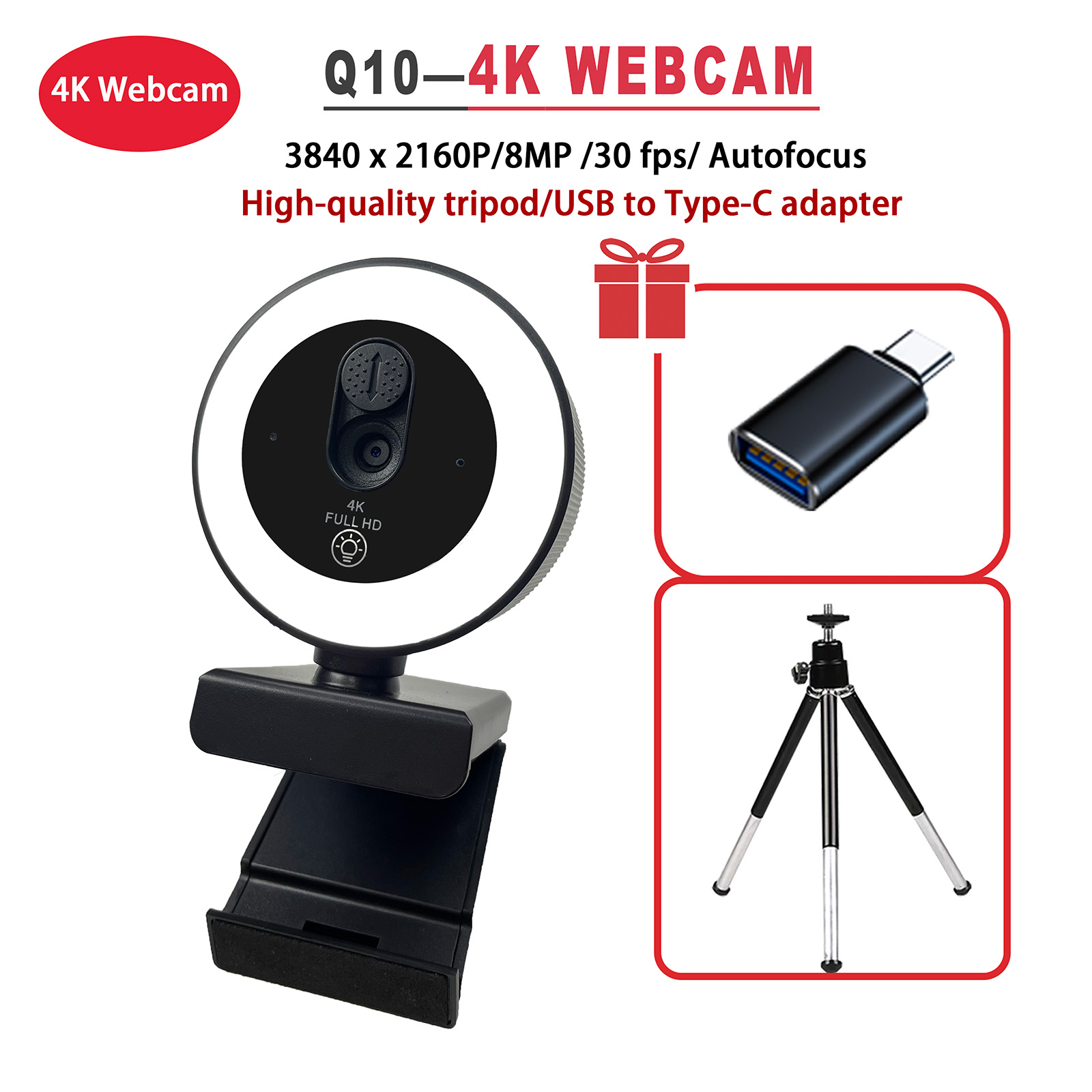 EXHQDR 4K/2K/1080P HD USB Plug & Play Webcam with 3‑Level Fill Light, Auto Focus, Built‑in Microphone, Type‑C Adapter & Tripod f: black