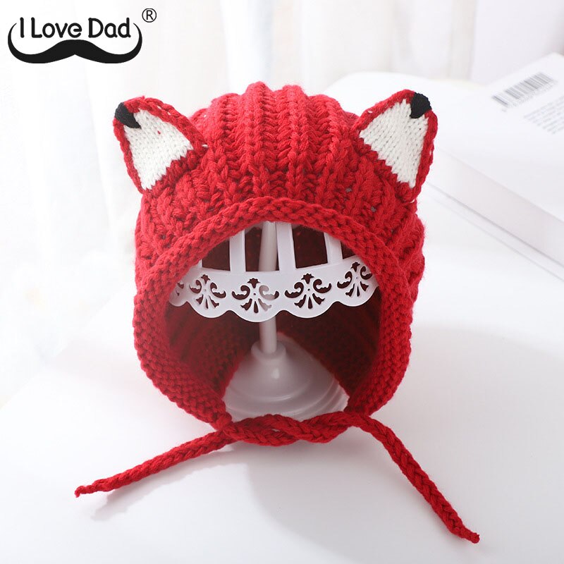 Cartoon Oren Baby Hoed Cap Winter Warm Gebreide Baby Jongens Meisjes Hoed Met Vetersluiting Kids Hoed Motorkap Kinderen Caps Beanie: red