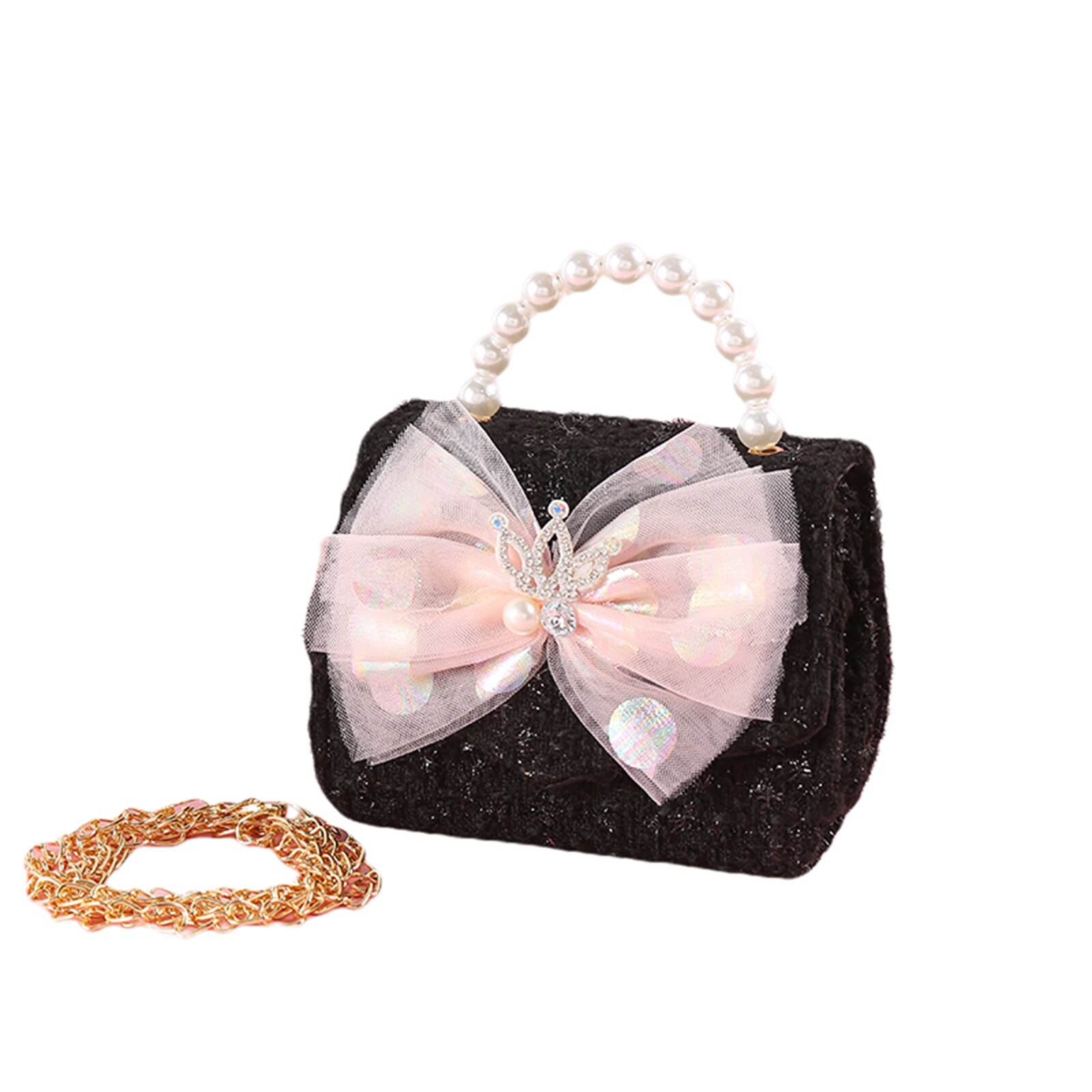 Krone Schulter Tasche Shinny Kristall Pack freundlicher Mädchen Spitze Bowknot Platz Tasche Abnehmbare Kette Perle Handtasche Mini Prinzessin Tasche: Schwarz