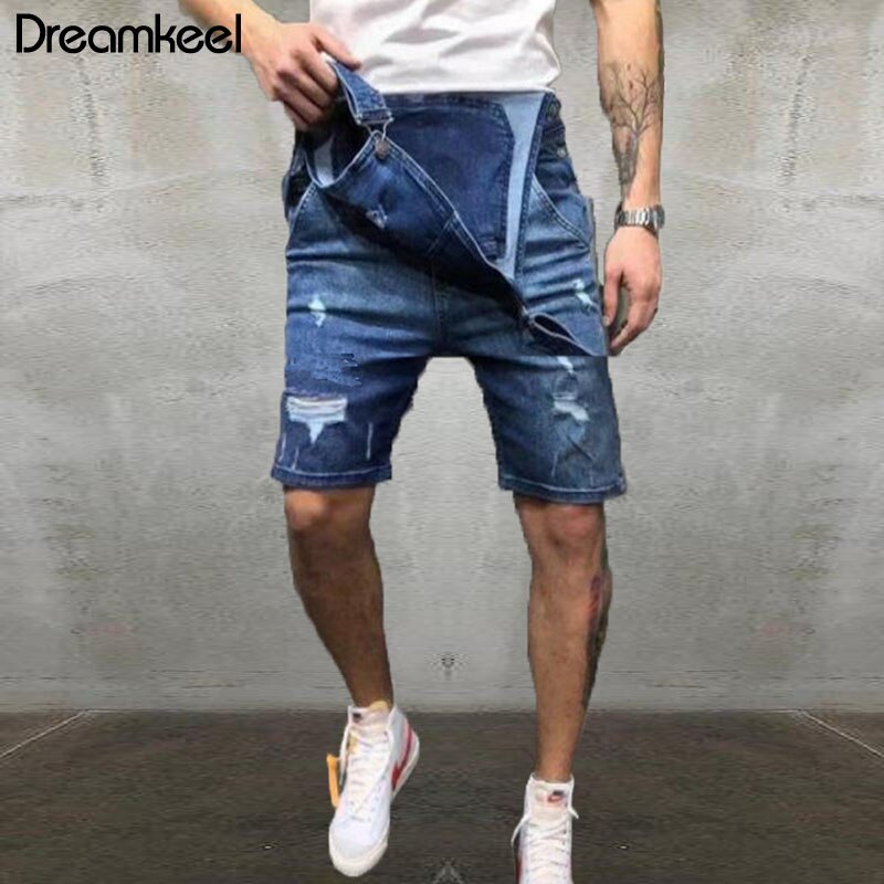 Men's Hole denim shorts jumpsuit men Vintage Overalls Male Casual Suspender trouser summer Playsuit men shorts jumpsuit men Y