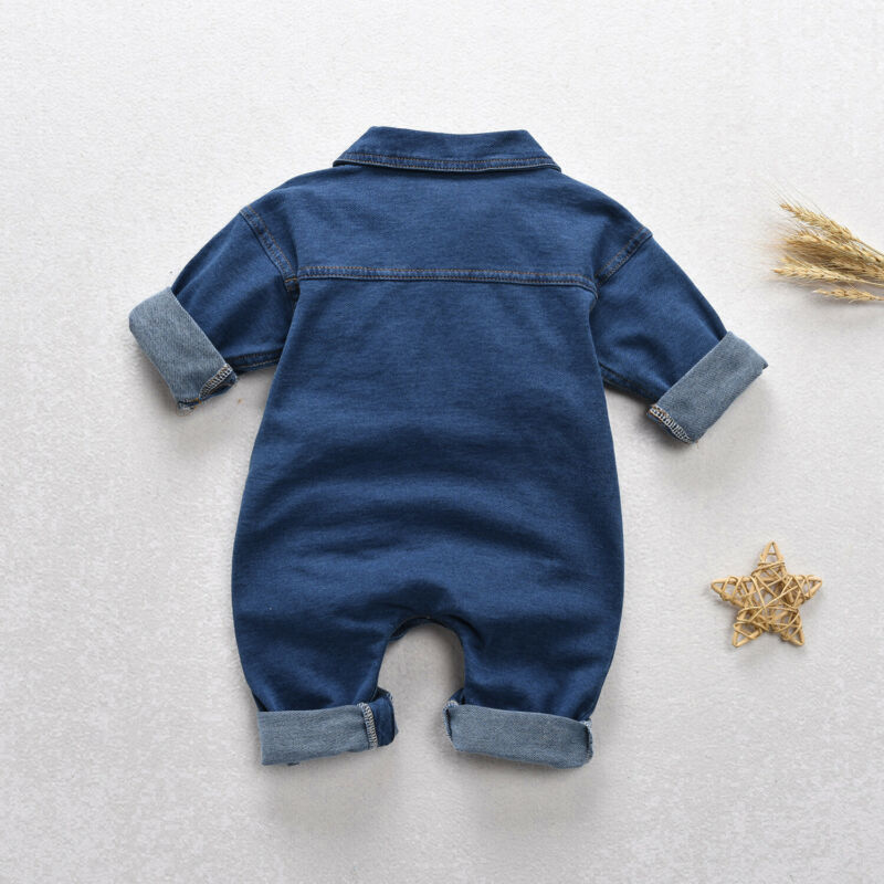 Toddler Kids Baby Girl Boy Denim Rompers Long Sleeve Turn-down Collar Jumpsuit Unisex Baby Autumn Clothes Solid Romper 0-4Y