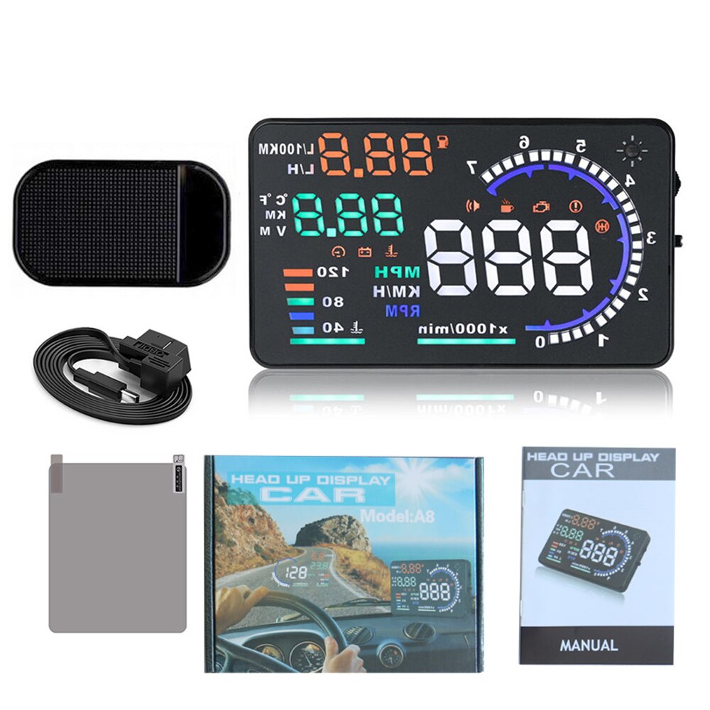 Head Up Display HUD for A8 5.5 inch Auto HUD Display HUD A8 OBD2 Interface Speed Alarm Multi-color