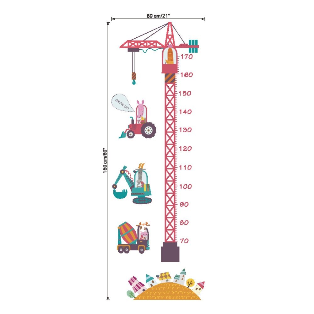 Cartoon Tower Crane Growth Chart Sticker Animal Height Chart Wall Sticker Nursery Decor DIY Art Poster