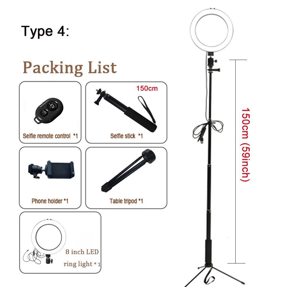 8 pollici A LED Anello di Luce con il Treppiedi USB Anello Lampada Fotografica Selfie con il Supporto Del Telefono per il Trucco Youtube Live In Studio: Type 4