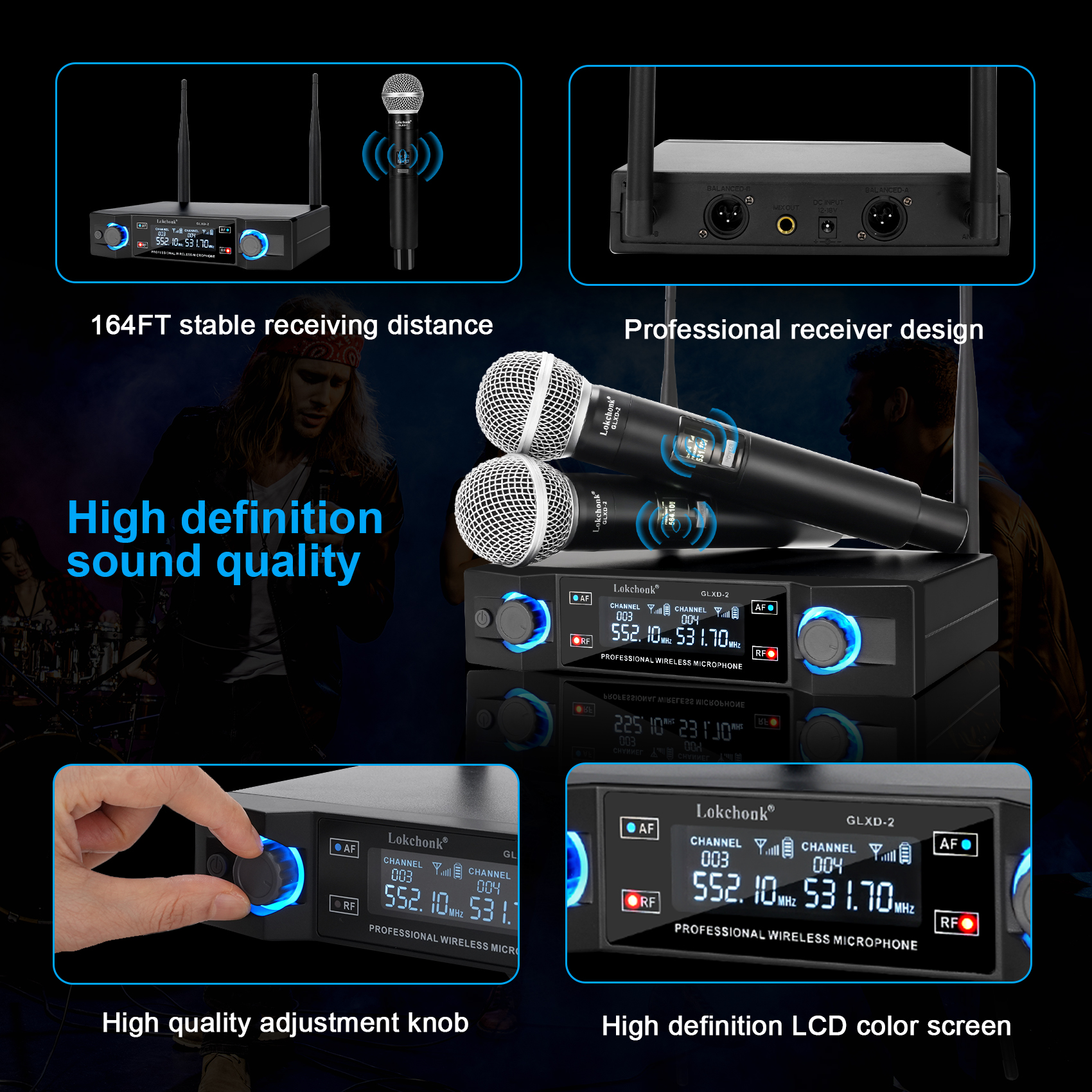 GLXD2 Wireless Microphone System Dual Channel UHF Fixed Frequency Cordless Handheld Dynamic Mic For Karaoke Party