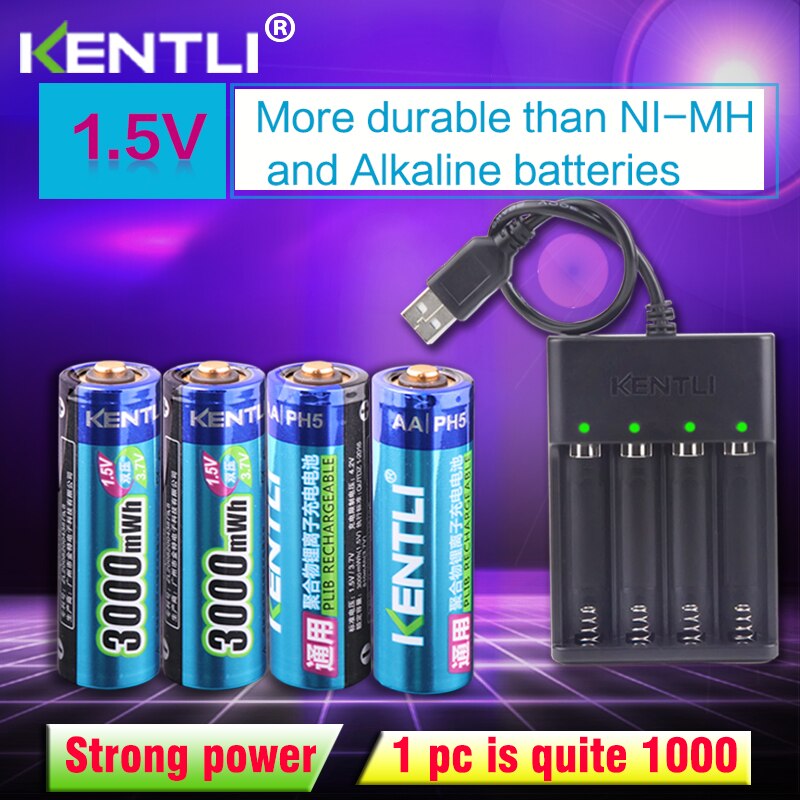 KENTLI 4 stuks AA 1.5 V 3000mWh lithium li-ion oplaadbare batterij + 4 Kanaals polymeer li-ion batterij batterijen oplader