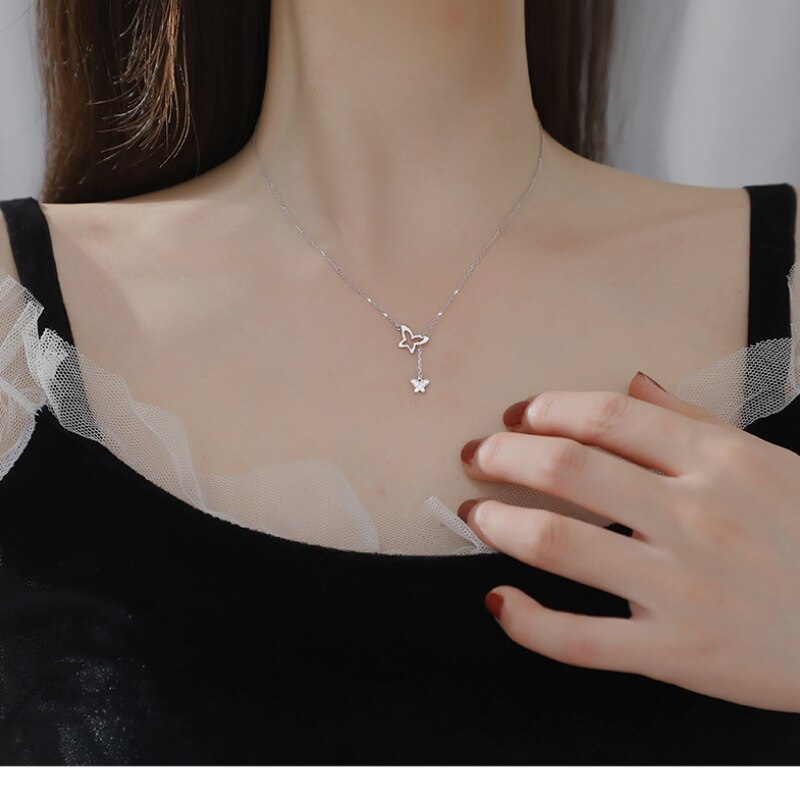 Voq sølvfarve blinkende diamant sommerfugl kvast halskæde kvindelig hul nøglebenskæde simple temperament smykker