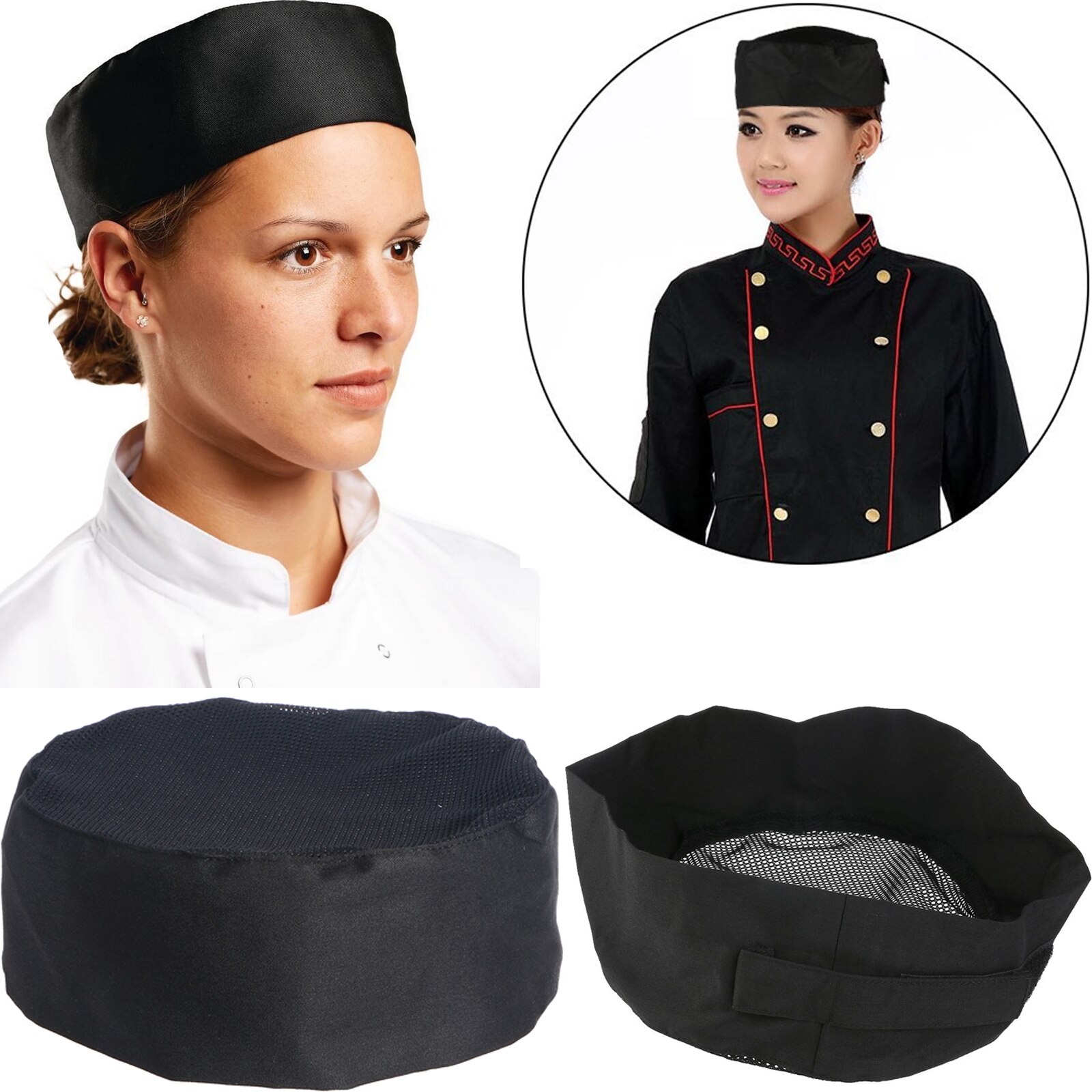 Åndbar mesh top kasket catering kokke hat med justerbar rem sort køkkenredskab top kokke hat