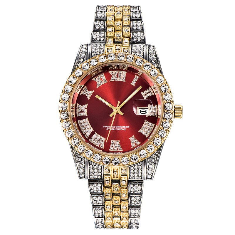 Alliceonyou Goud Zilver Kleur Zirconia Horloges Hip Hop Mode Diamanten Armband Roestvrij Staal Voor: Red