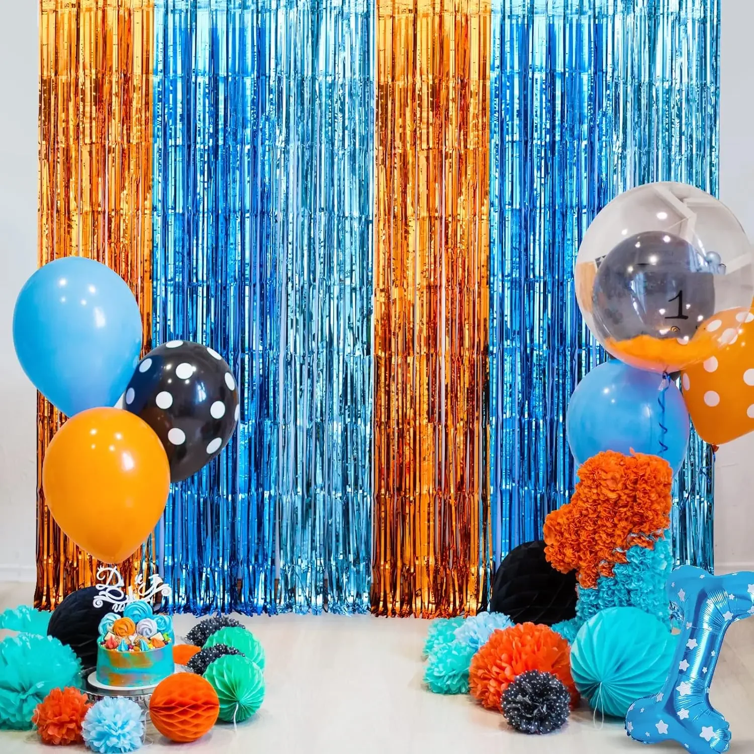 Cortinas con flecos de aluminio para perro, suministros para de cumpleaños, telón de fondo para tema de sirena bajo el mar, decoración de de revelación de género, color naranja y azul