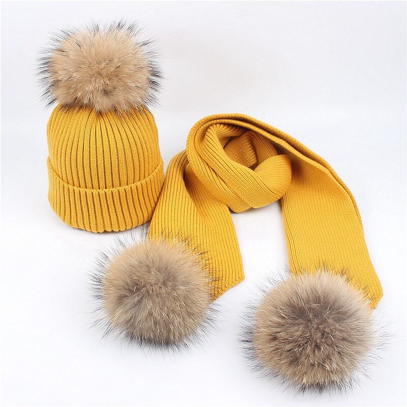 Luxe Vrouwen Hoeden En Sjaals Kinderen Sneeuw Dragen Hoeden Winter Gebreide Skullies 2Pcs Unisex Effen Kleur: YELLOW / Adult