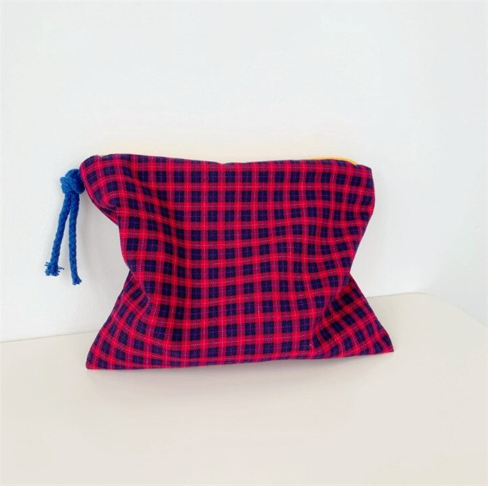 Bolsa de cosméticos coreana a cuadros para mujer, bolso de rejilla para mujer, bolso de mano de viaje, almacenamiento de lavado de teléfono, organizador de maquillaje, bolsa de aseo para niña: red blue