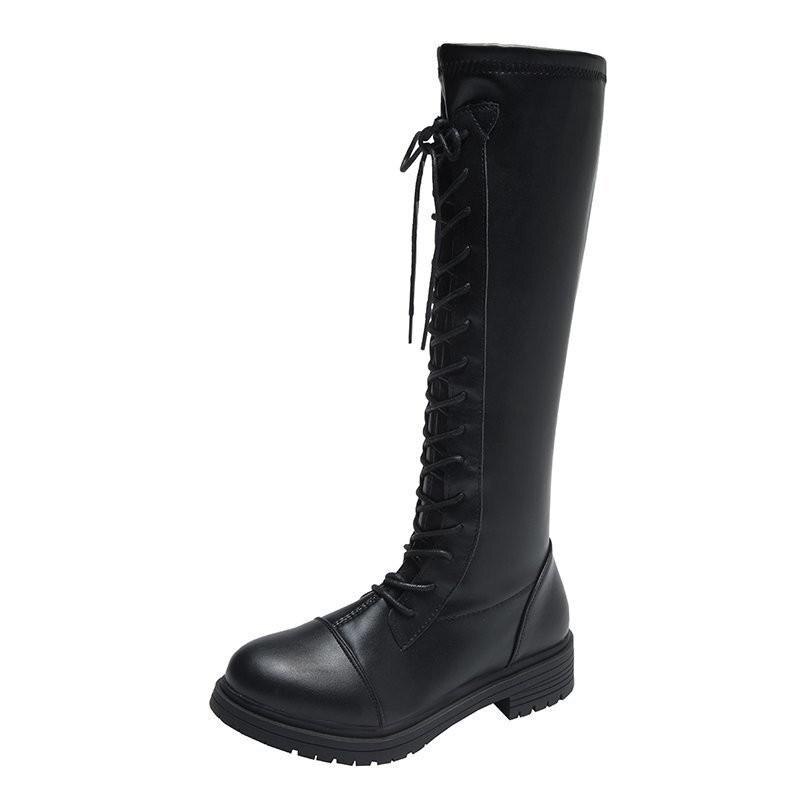 Long boots women's knees British wind retro versatile square head front strap leather boots thick with knight boots: 38