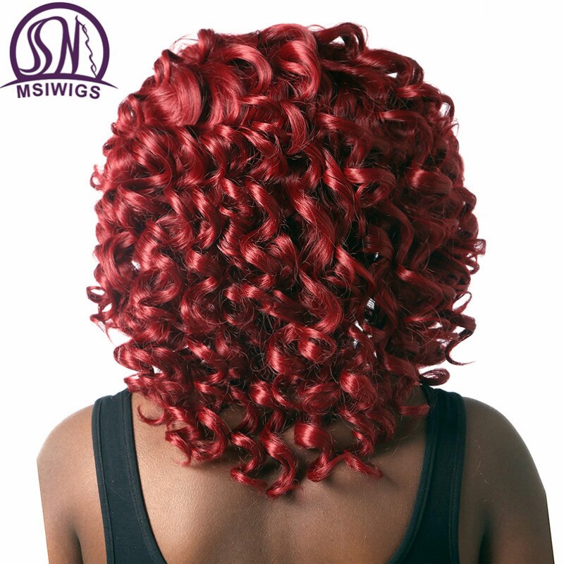 MSIWIGS Afro Red Curly Wigs for Black Women American African Medium Natural Full Synthetic Wig with Bangs Heat Resistant