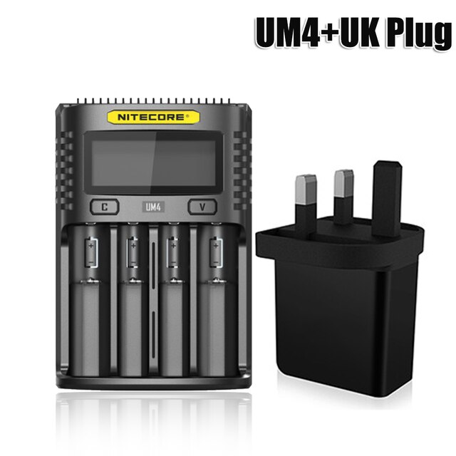 NITECORE UMS4 Batterie ladegerät QC Schnelle Ladung 4A mit 4 Slots Ausgang LCD Display Für 18650 14500 16340 26650 21700 AA AAA Batterie: UM4 and UK Plug