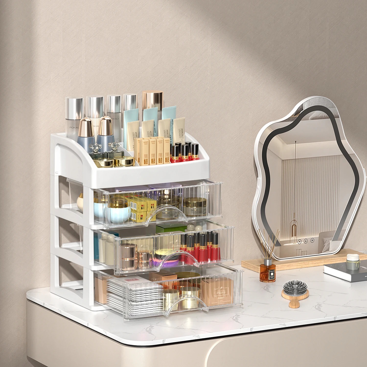 Caixa de armazenamento de mesa gaveta de armazenamento decoração de cabelo armário de armazenamento multi-camada cosméticos caixa de jóias papelaria multifuncional: Luz amarela