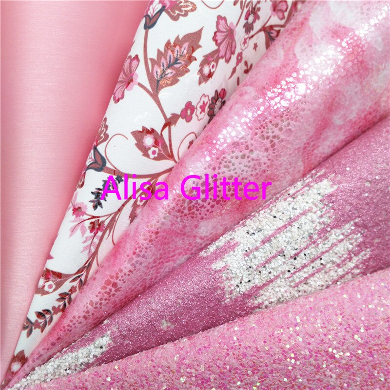 1Pcs A4 Size 21X29cm Alisa Glitter Roze Glitter Stof, bloemen Gedrukt Faux Leer Stof Synthetisch Leer Voor Bow Diy G108