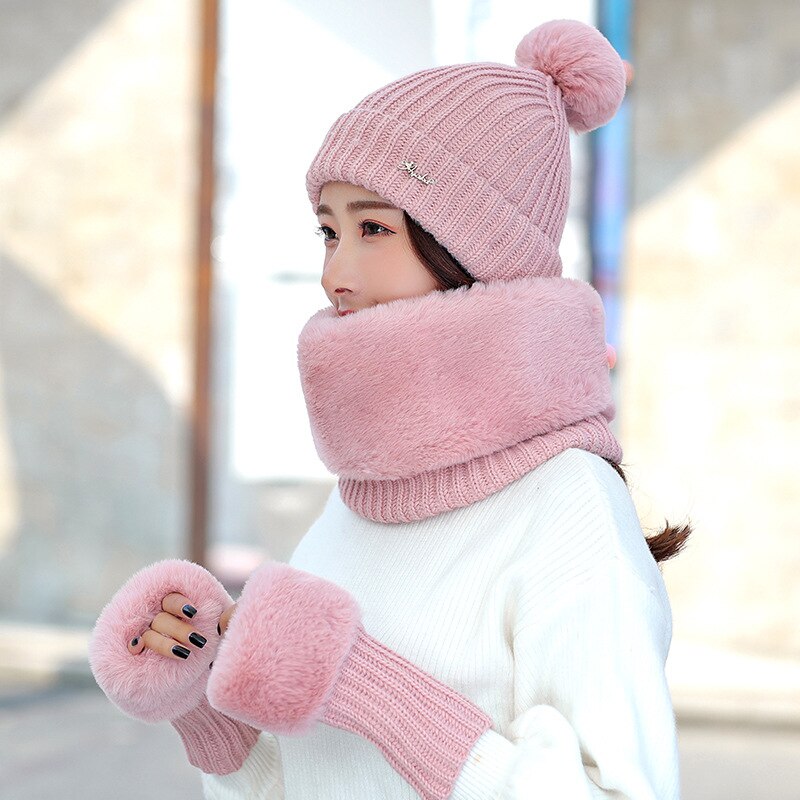 Ensemble de 3 pièces pour femme, bonnet, écharpe, gants en tricot de coton, bonnet, col à bretelles, pour fille, hiver: pink