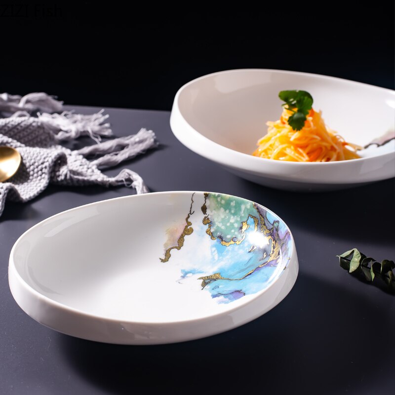 Nordic Style Ceramic Salad Plate Irregular Dinner Plate Restaurant Pasta Soup Plate Home Decoration Kitchen Tableware