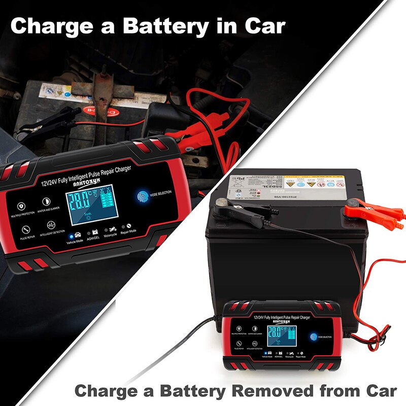 LUNDA Helautomatisk Bilbatterilader - 12V 8A / 24V 4A smart Hurtiglading, LCD-skjerm til AGM, gel, VÅTE Blysyrebatterier