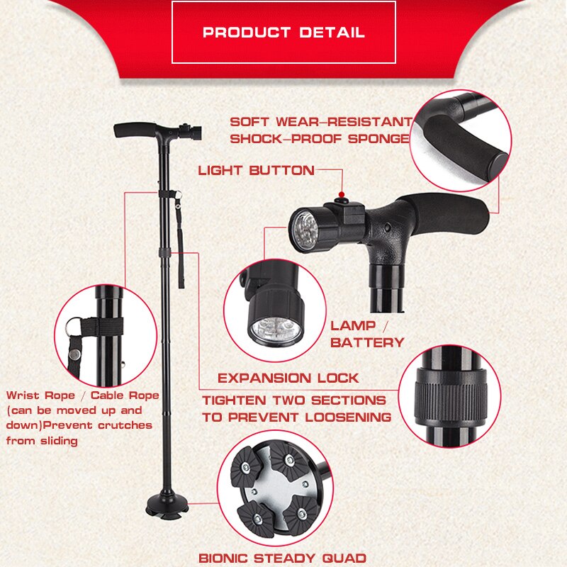 Old Man Safety Walking Stick with LED Light Canes Trekking Trail Hiking Poles Ultralight Folding Adjustable T Handlebar Elders