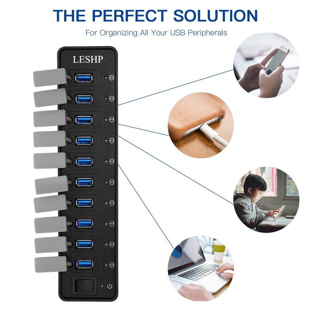 Leshp 10 Poorts Usb 3.0 Hub High Speed 5Gbps Usb 3.0 Data Hub Splitter Met Leds & Switch Externe power Adapter Voor Pc Laptop