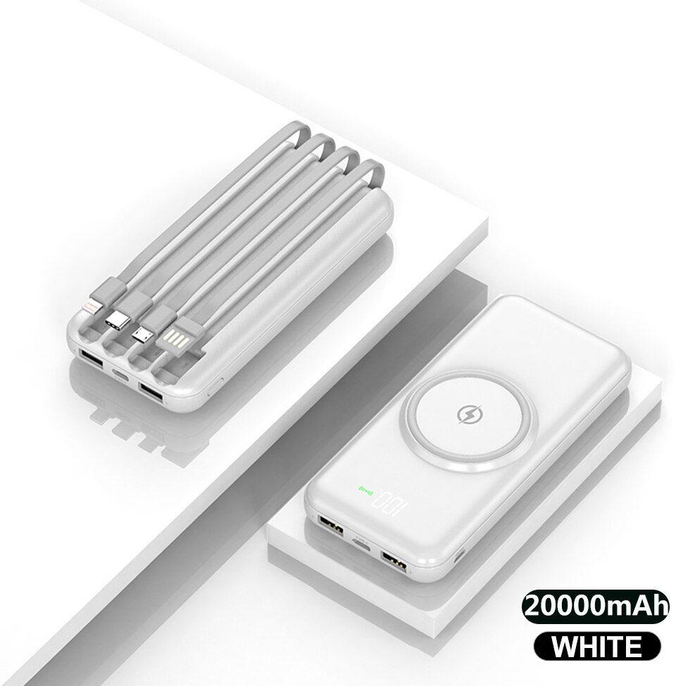 Caseier 20000 mah powerbank trådlös laddare för iphone 12 mini pro max 10000 mah powerbank inbyggd kabel för samsung poverbank: 20000 mah vit
