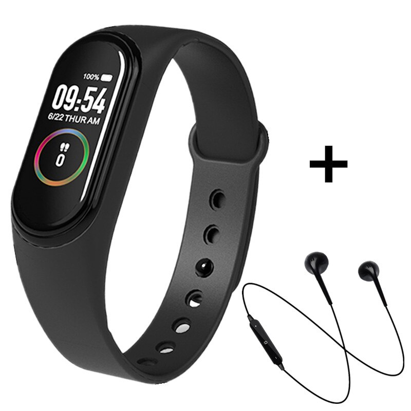 M4 smart band hjertefrekvens blodtryksmåler smart armbånd fintness aktivitet trackeer smart armbåndsur med øretelefon: Sort sort