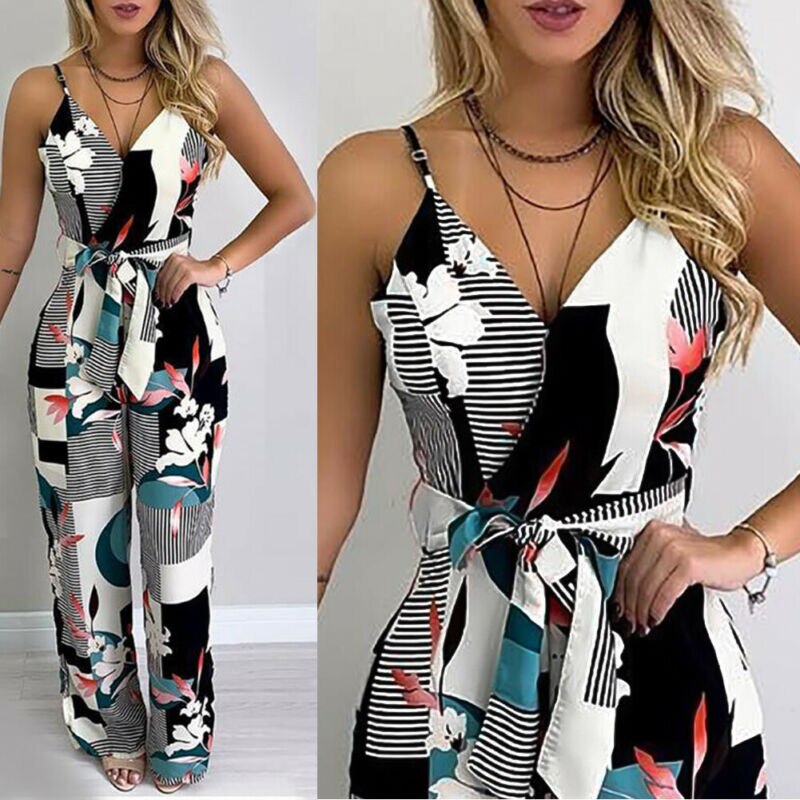 Retro Flower Print Cotton Linen Jumpsuit Summer Elegant Button Strappy Backless Bodysuit Sexy Pocket Loose Women Trousers Romper