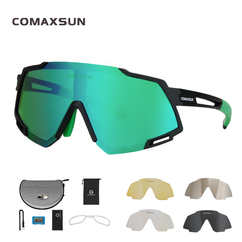 Comaxsun Professionele Gepolariseerde 5 Len Fietsen Bril Mtb Racefiets Sport Spiegel Zonnebril Bike Eyewear UV400 Fiets Bril: Black Green