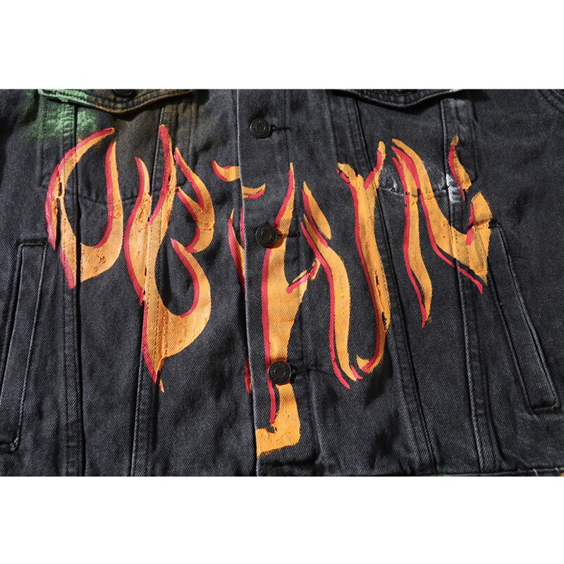 Hand Gemalt Denim Jacke und Mäntel Herren Hüfte hüpfen Beute Feuer Graffiti Oberbekleidung Neue Frühjahr Jeans Streetwear Männlichen Jacken
