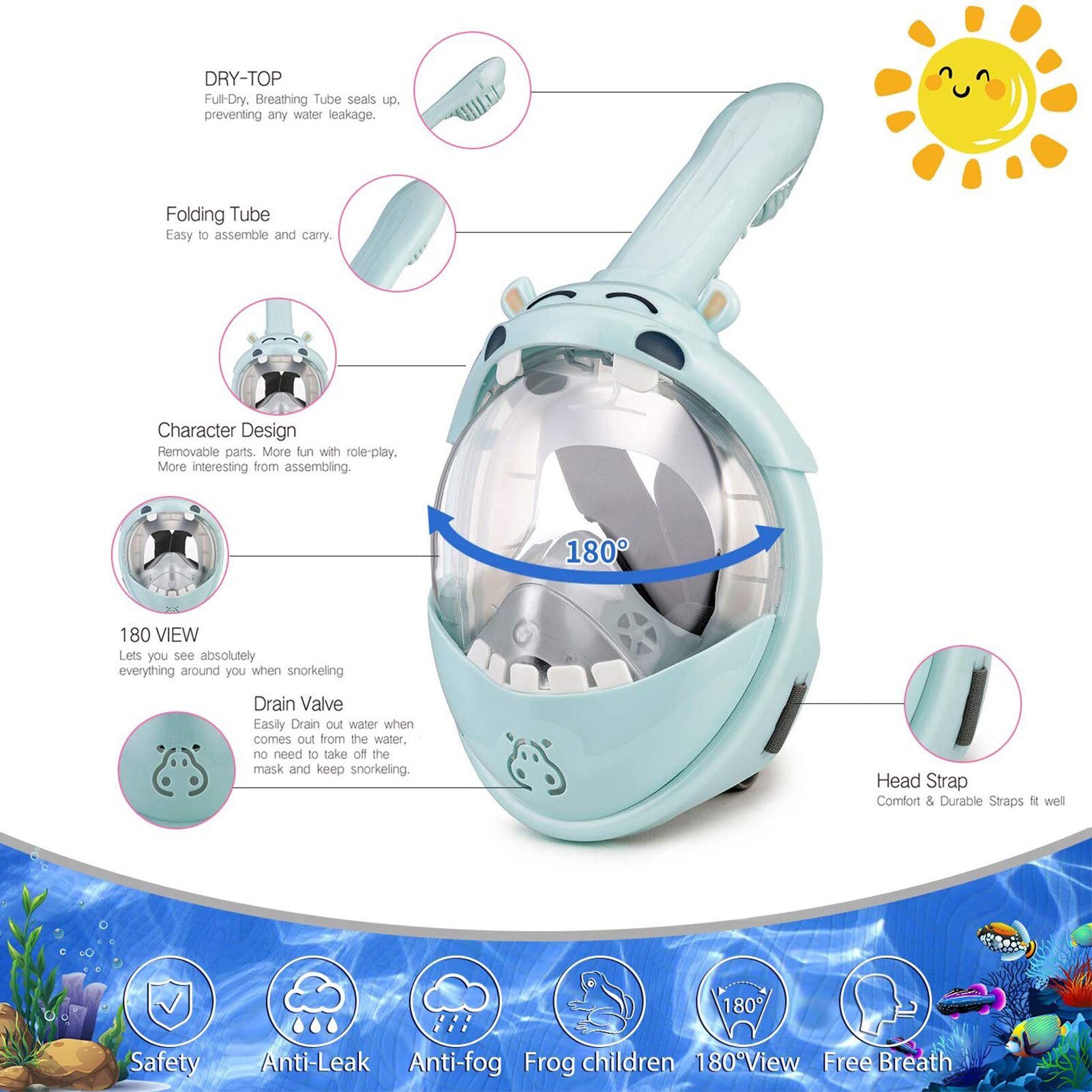 Snorkel Mask for Kids Foldable Panoramic View Snorkel Mask Respiratory Masks Safe Waterproof Swimming Equipment