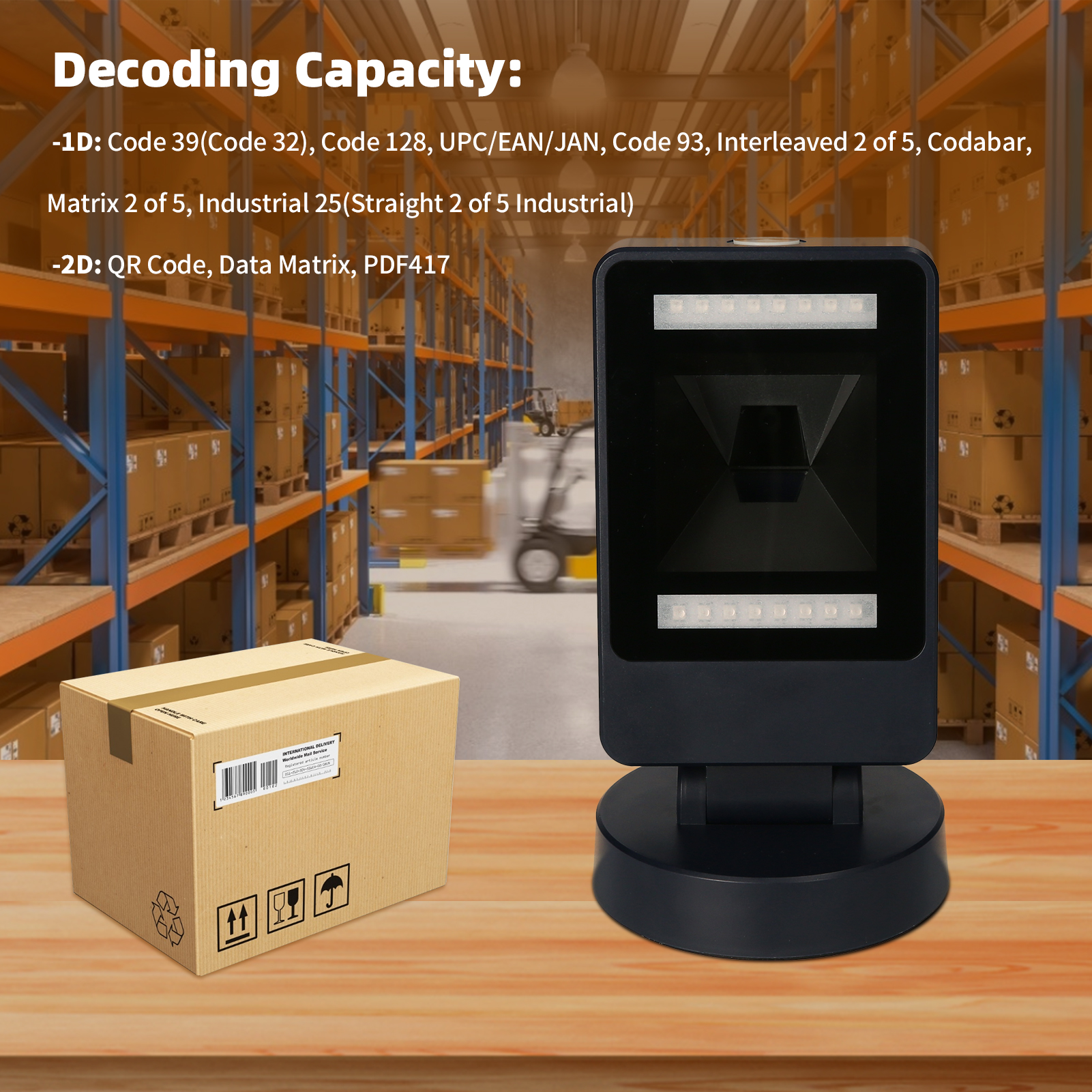 Desktop 1D 2D QR Omnidrectional Barcode Scanner Platform USB Wired Hands-free Automatic Bar Code Reader Adjustable Scanning Head